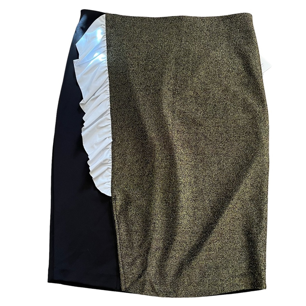 Eloquii Black, Gold Lurex with White Ruffle Pencil Skirt 18